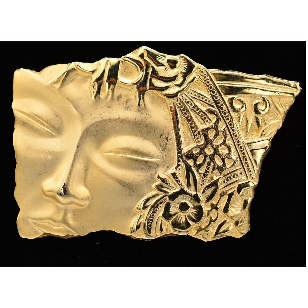 JJ Vintage Asian Abstract Figural Pin Brooch Brushed Gold Signed 1980s BinAJ